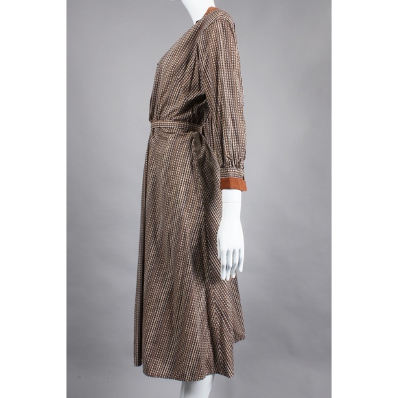 L Vintage 1940s Brown Cotton Tea Length Day Dress - Picture 5 of 8